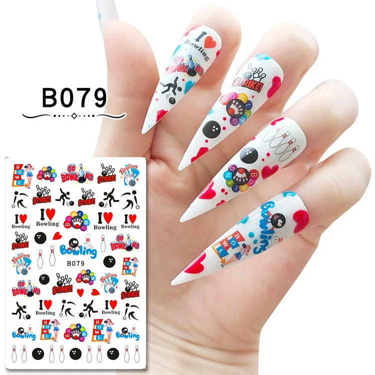 16 Sheets Various Pop Sports Elements American Football Diving Bowling Adhesive Nail Art Sticker Decals Manicure Supplies Tips