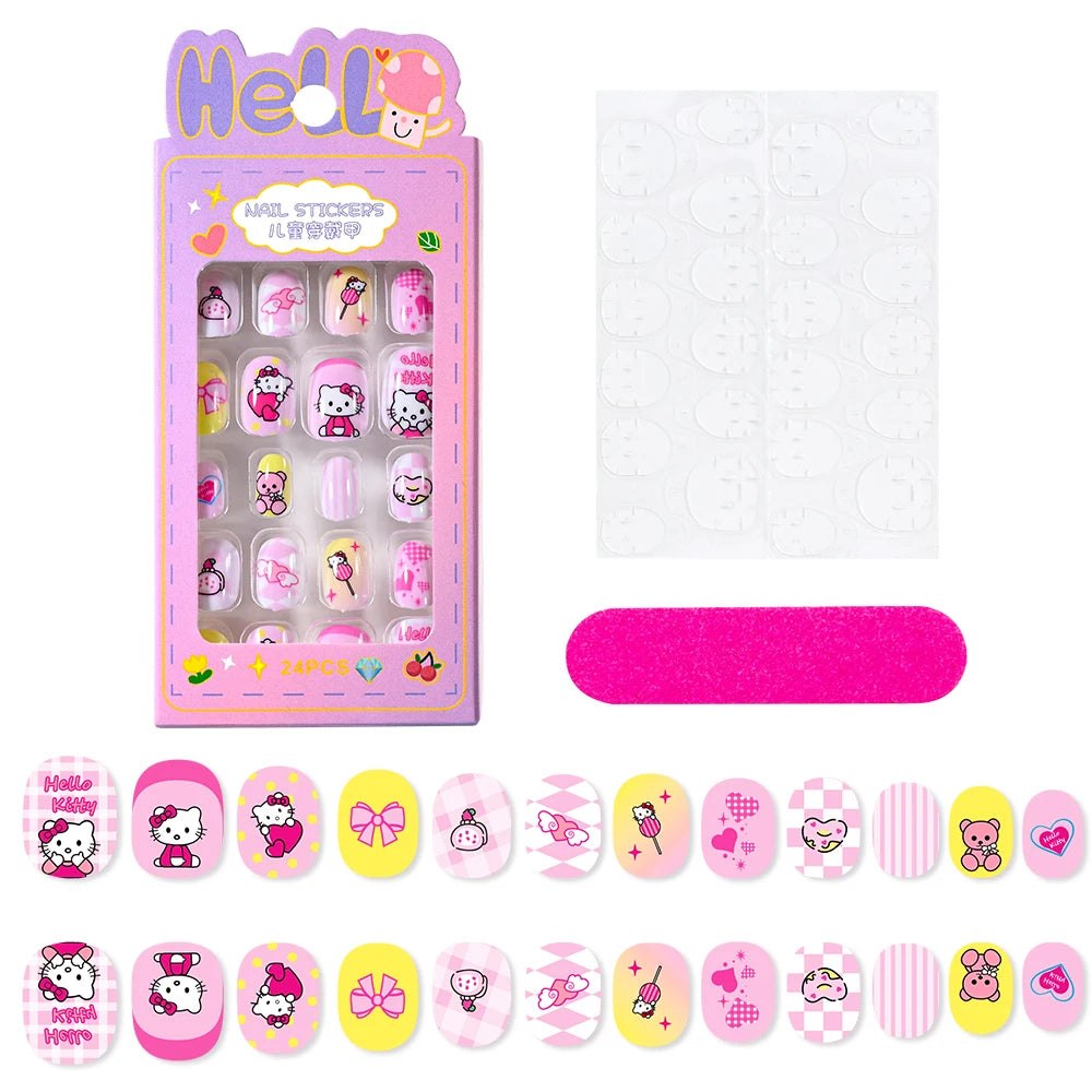 12pcs MINISO Children Press on False Nails Y2k Kawaii Cartoon Design Fake Nails Short Sqare Detachable Manicure Girls Gifts #DGL