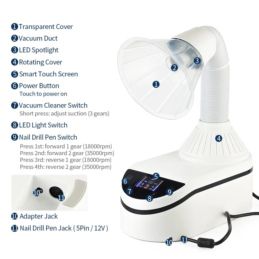 Nail Dust Collector mit flexiblem Schlauch – Profi Staubabsaugung für Maniküre, 320 W, Touchscreen