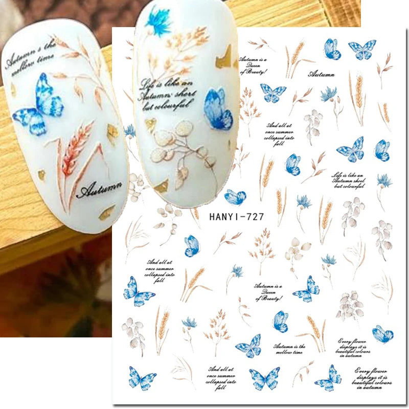 3D Nagelsticker Weißer Pflaumenblüten mit Goldperlen & Schmetterlingen 2.