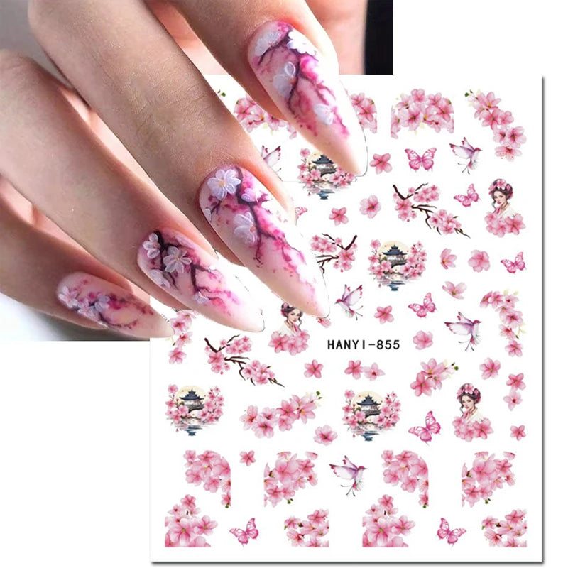 3D Nagelsticker Weißer Pflaumenblüten mit Goldperlen & Schmetterlingen 2.
