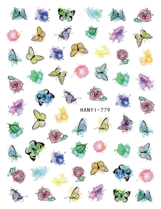 3D Nagelsticker Weißer Pflaumenblüten mit Goldperlen & Schmetterlingen 2.