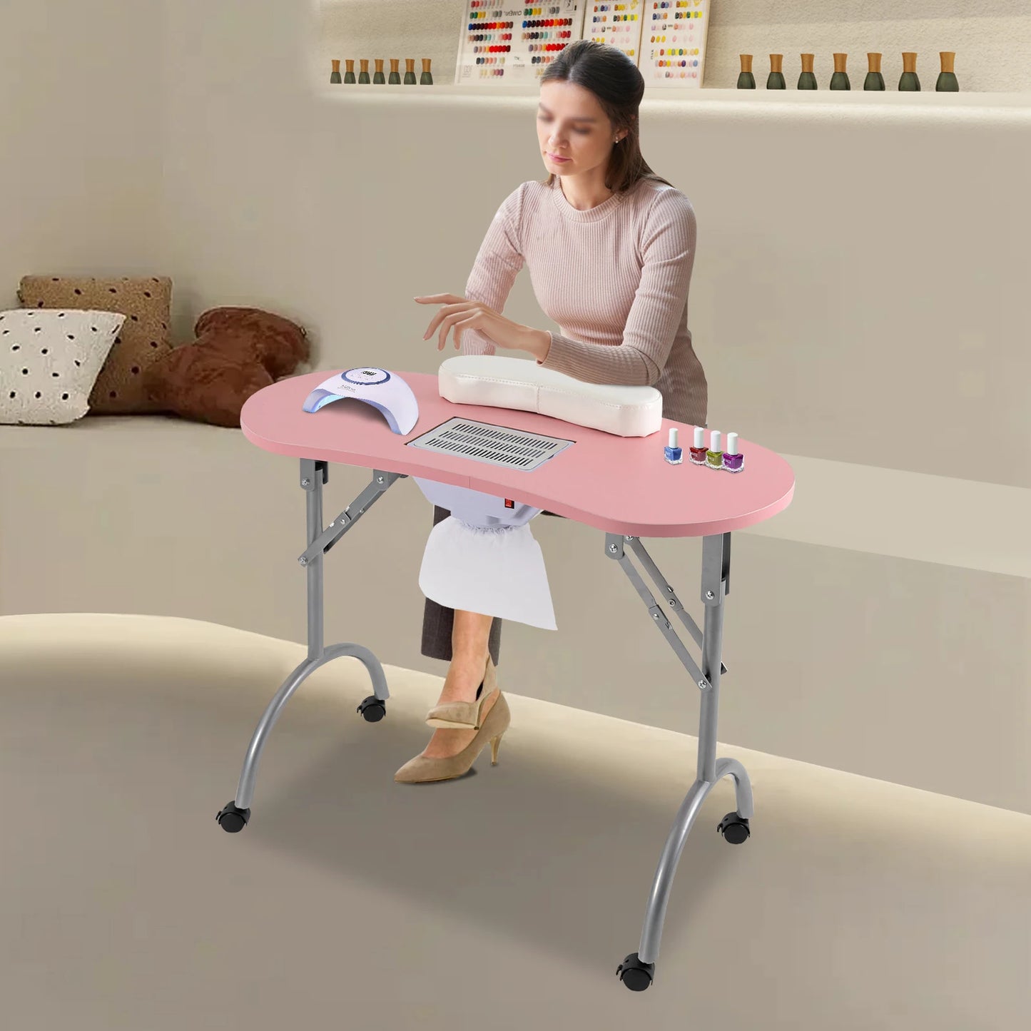 Mobiler Maniküretisch mit Absaugung, faltbar mit Rollen & Handauflage – Rosa