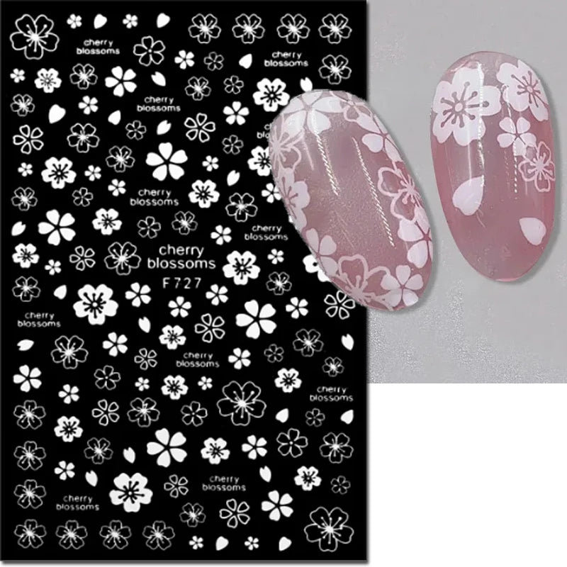 3D Nagelsticker Weißer Pflaumenblüten mit Goldperlen & Schmetterlingen 2.