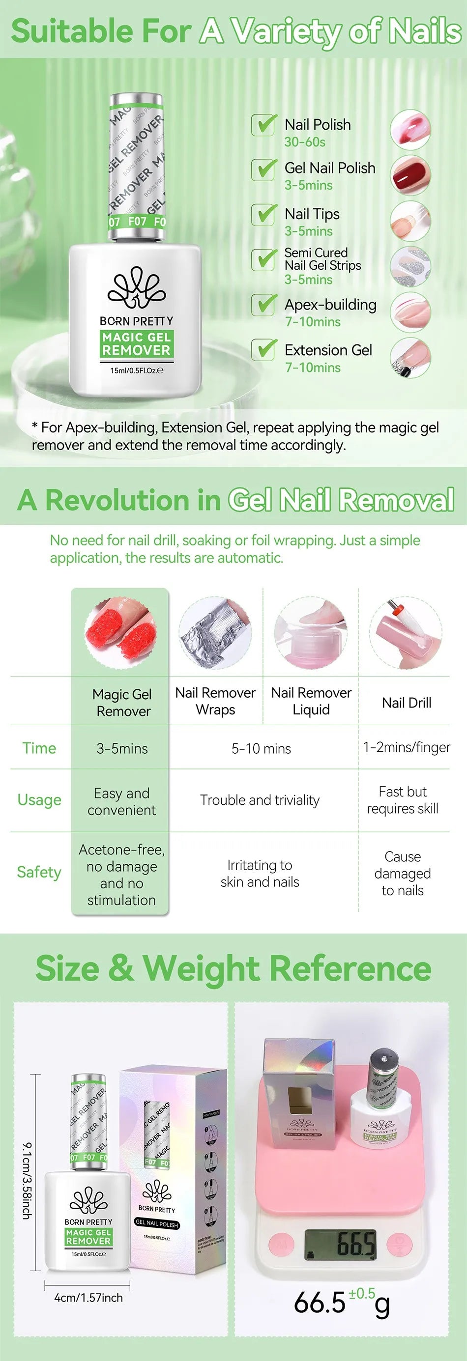 BORN PRETTY Gel Remover Set 15ml – UV-Lack Entferner + Nagelfeile & Pusher