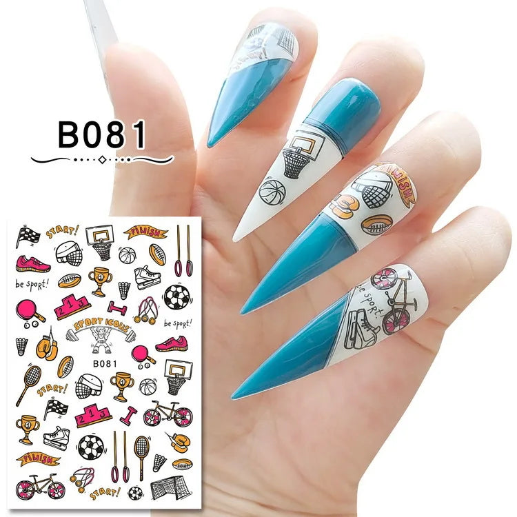 16 Sheets Various Pop Sports Elements American Football Diving Bowling Adhesive Nail Art Sticker Decals Manicure Supplies Tips