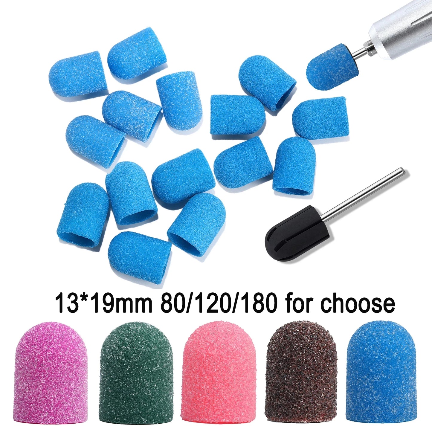 Schleifkappen 5/10/20 Stück – Verschiedene Farben & Grits (80/120/180) + Gummikopf für Nagelfräser