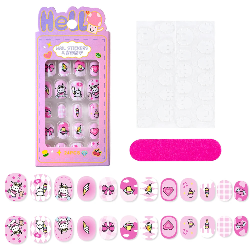 12pcs MINISO Children Press on False Nails Y2k Kawaii Cartoon Design Fake Nails Short Sqare Detachable Manicure Girls Gifts #DGL