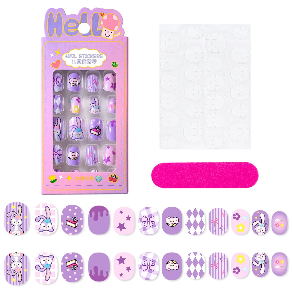 12pcs MINISO Children Press on False Nails Y2k Kawaii Cartoon Design Fake Nails Short Sqare Detachable Manicure Girls Gifts #DGL