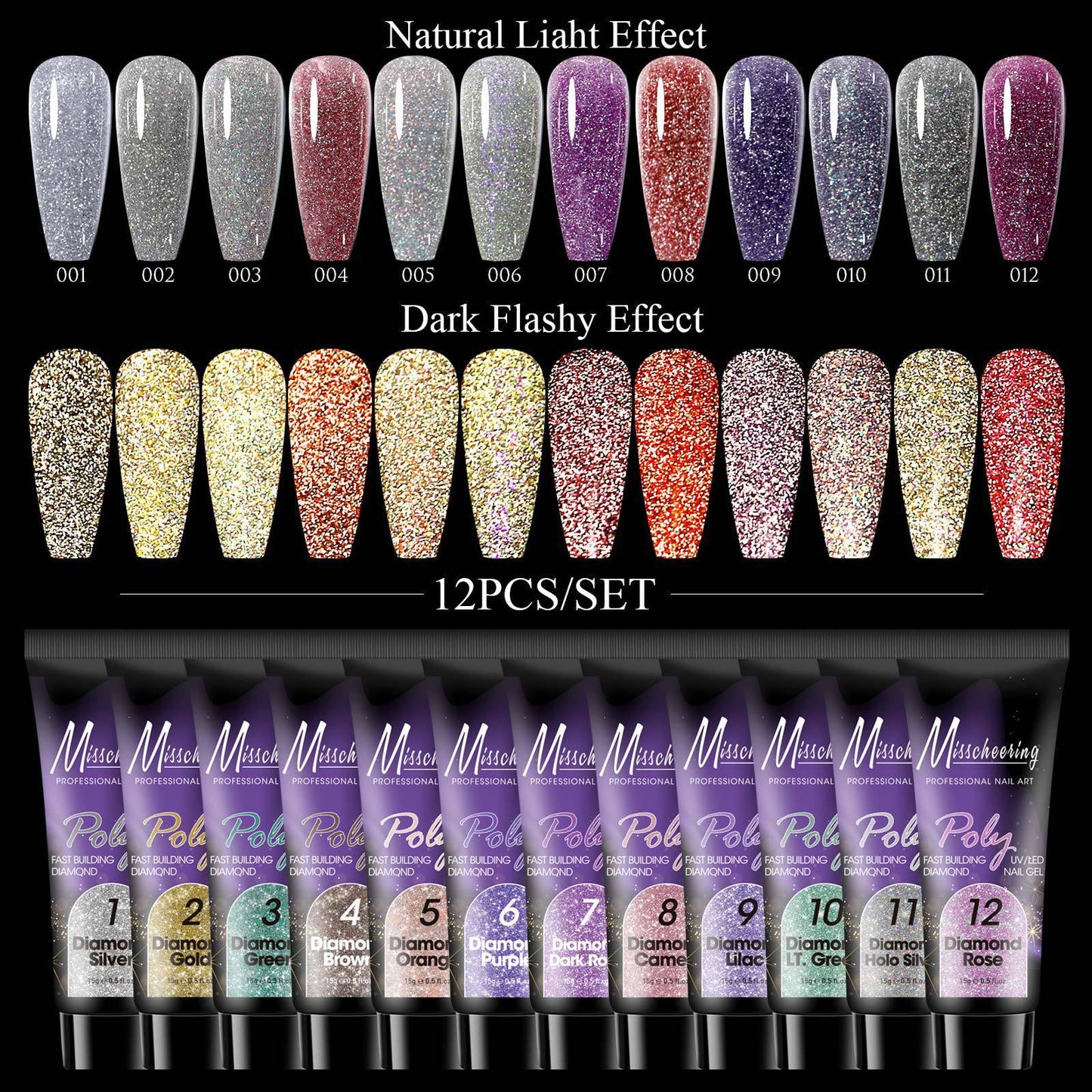 Nagelverlängerungsset mit Pailletten in 12 Farben