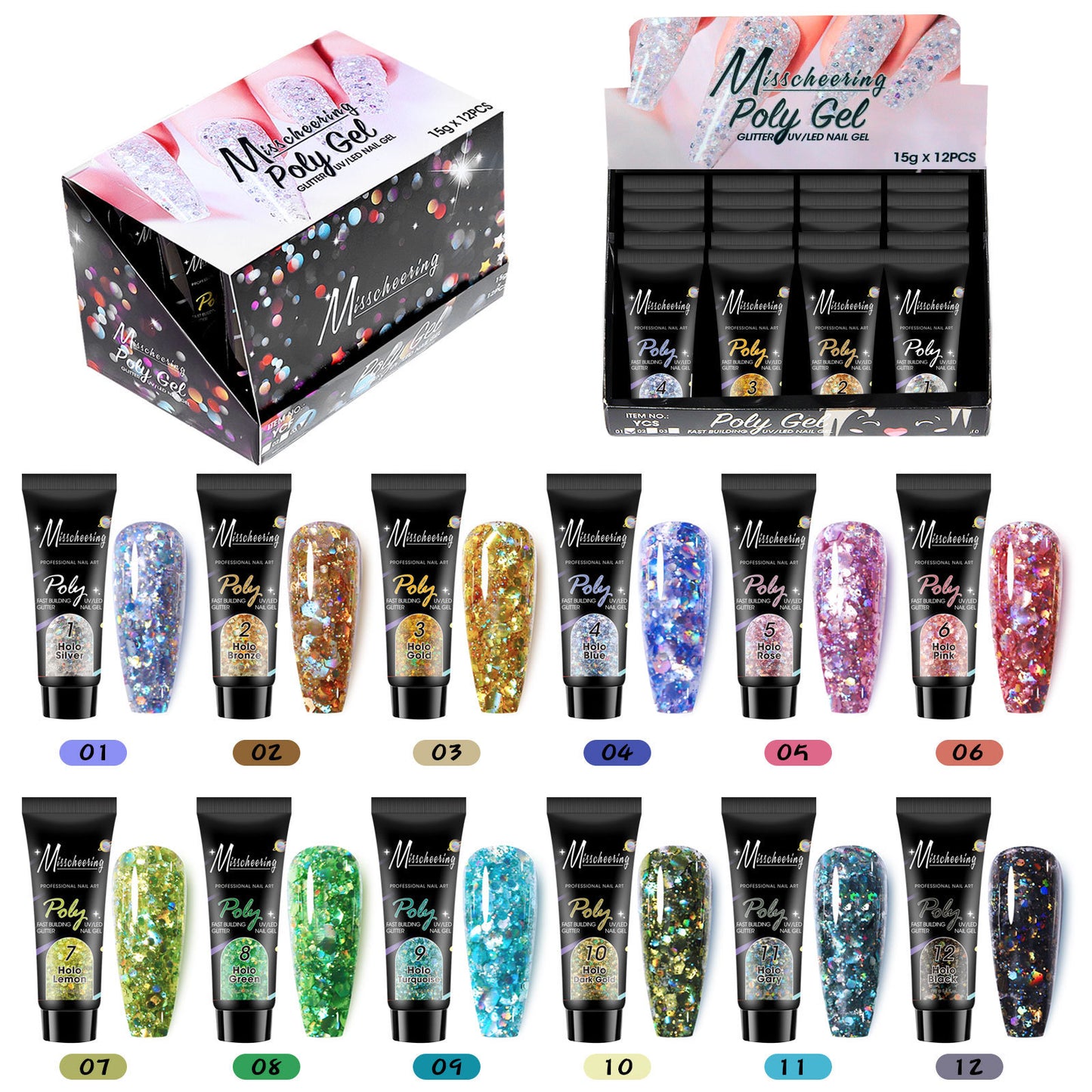 Nagelverlängerungsset mit Pailletten in 12 Farben