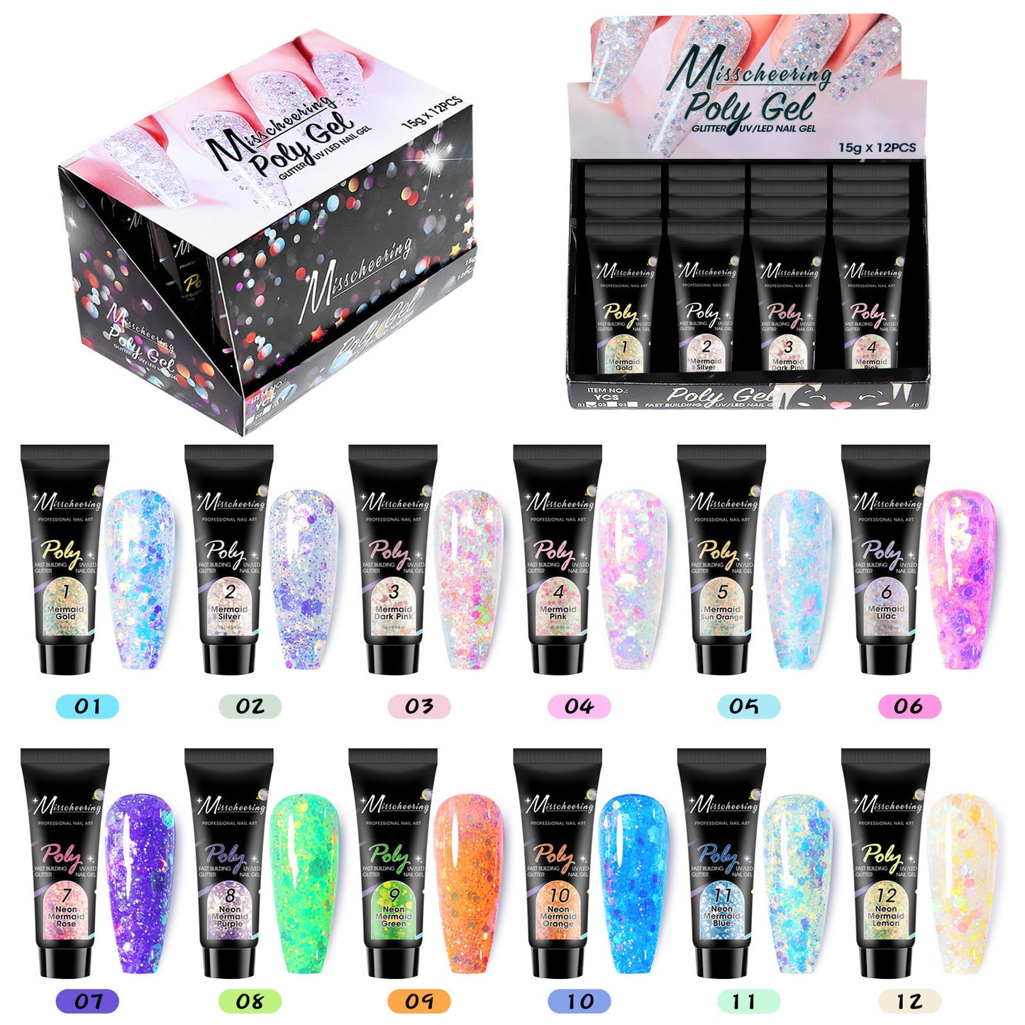 Nagelverlängerungsset mit Pailletten in 12 Farben