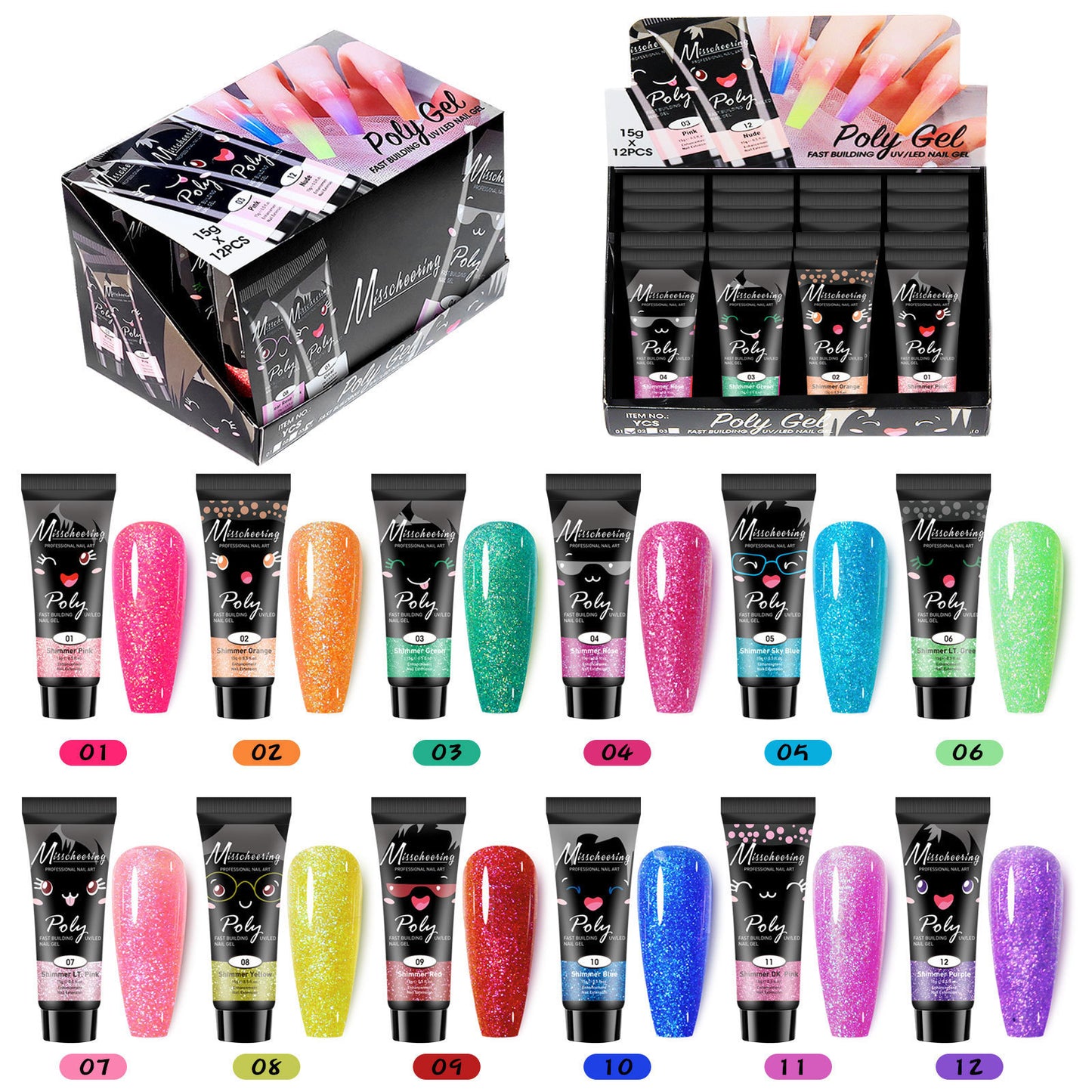 Nagelverlängerungsset mit Pailletten in 12 Farben