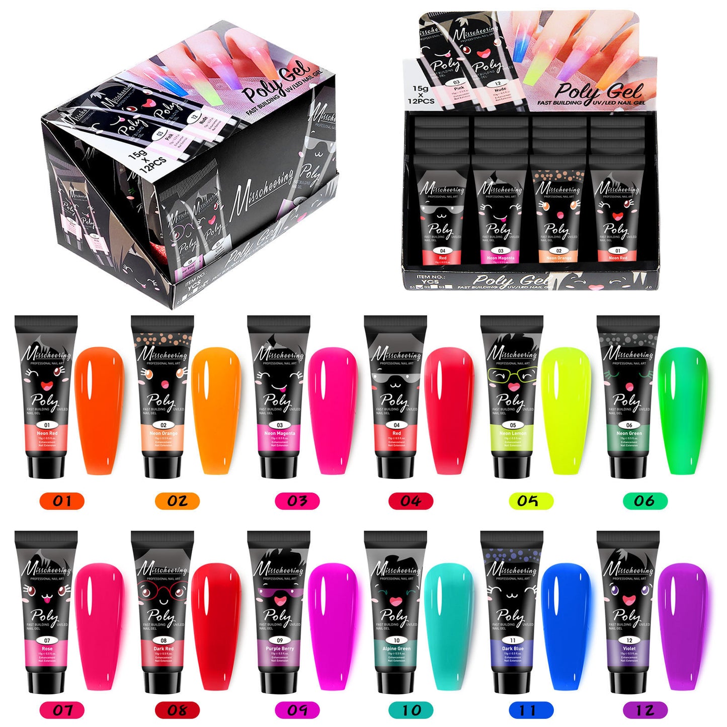 Nagelverlängerungsset mit Pailletten in 12 Farben