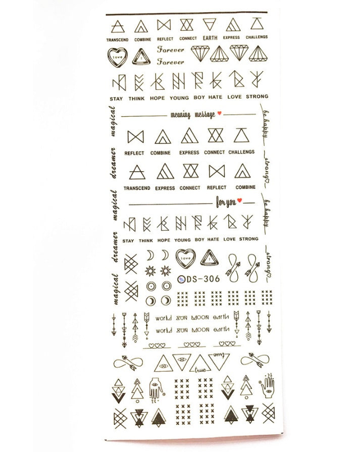 Wassertransfer Nagelsticker – Geometrische Symbole | Schwarz & Weiß | 5,5 × 12,3 cm
