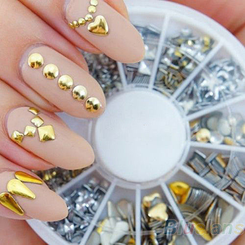 3D Nail Art Deko – Metall Strass & Nieten Mix in Box | Gold & Silber | Verschiedene Formen
