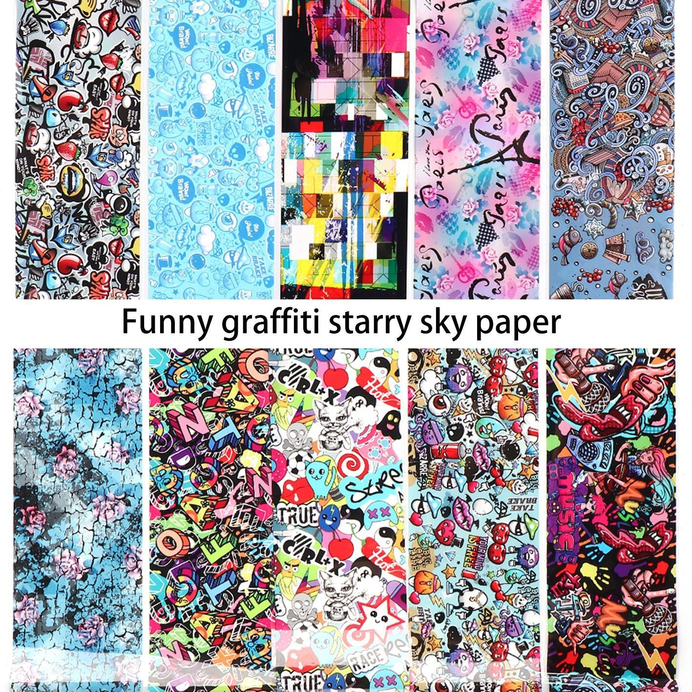 Nagelfolie Set – Graffiti & Sternenhimmel Designs | 10 Stück Nail Art Transferfolie | Starry Sky Paper #4122