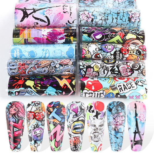 Nagelfolie Set – Graffiti & Sternenhimmel Designs | 10 Stück Nail Art Transferfolie | Starry Sky Paper #4122