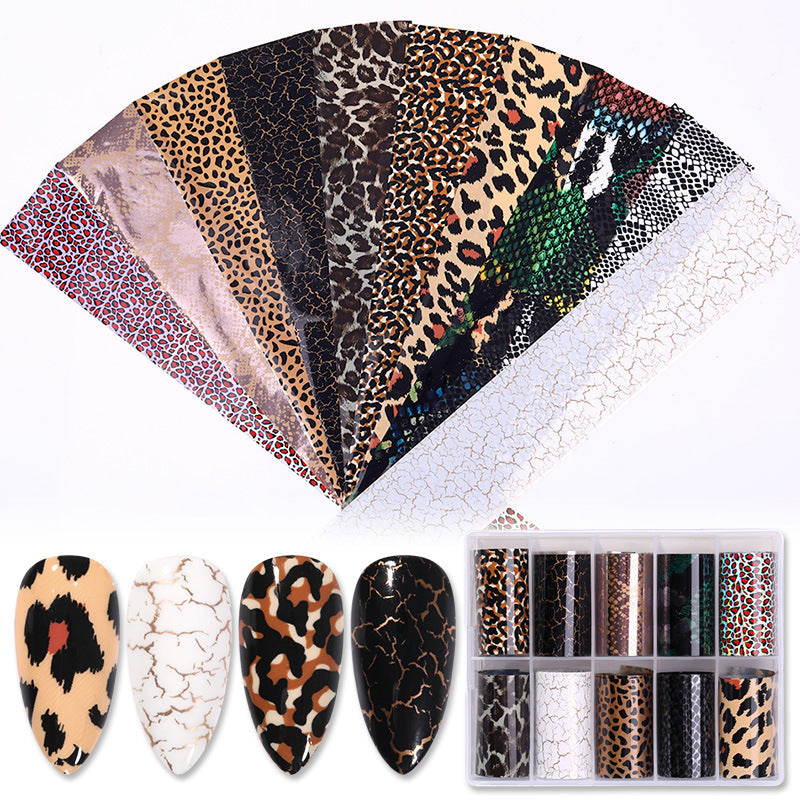 Transfer Nagelfolien – Tiermuster & Reptil-Look | 10 Rollen im Set | Schlangenhaut & Leoparden-Design