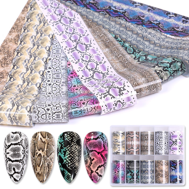 Transfer Nagelfolien – Tiermuster & Reptil-Look | 10 Rollen im Set | Schlangenhaut & Leoparden-Design