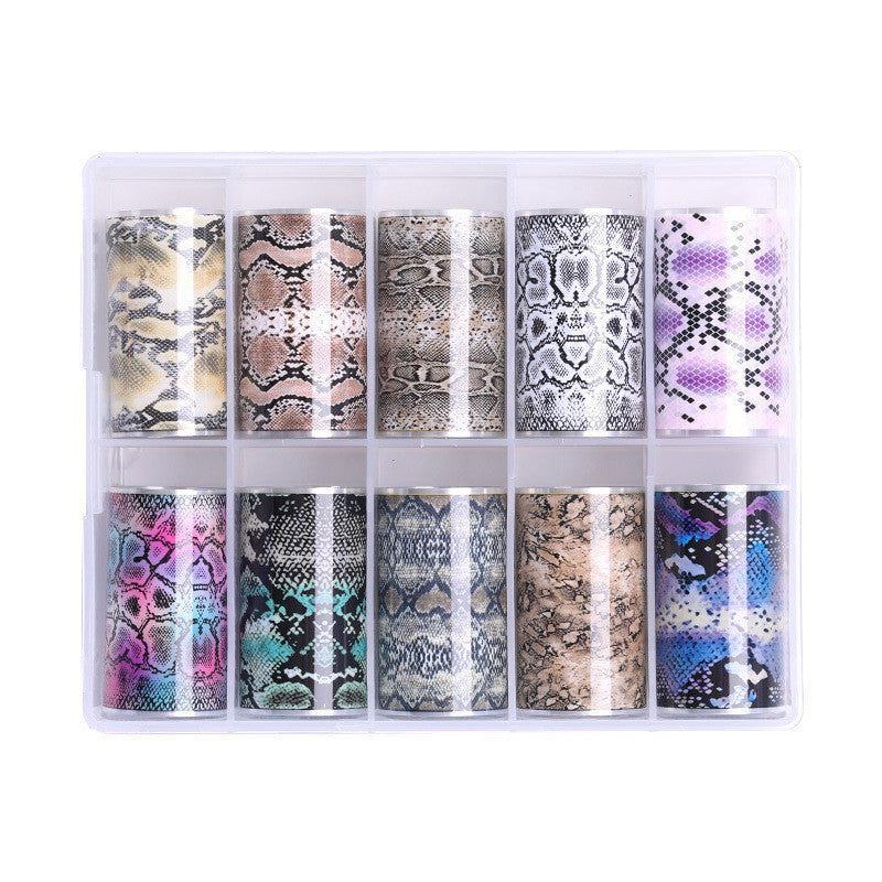 Transfer Nagelfolien – Tiermuster & Reptil-Look | 10 Rollen im Set | Schlangenhaut & Leoparden-Design