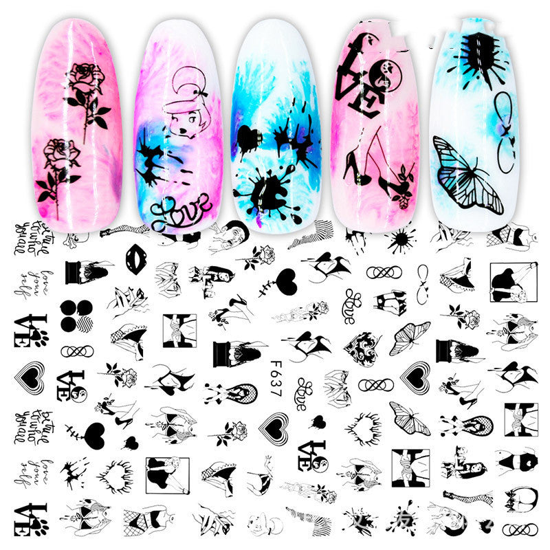 Nagelsticker Set F634–F643 | Schwarz-Weiß Nail Art Aufkleber | Selbstklebend | 10 Designs | 36 Monate Haltbar