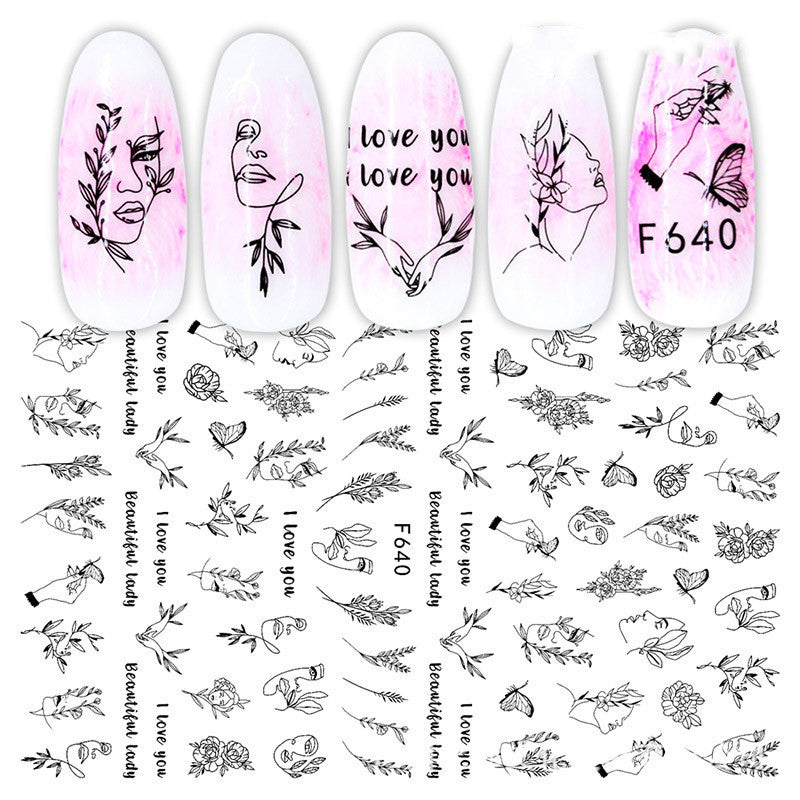 Nagelsticker Set F634–F643 | Schwarz-Weiß Nail Art Aufkleber | Selbstklebend | 10 Designs | 36 Monate Haltbar