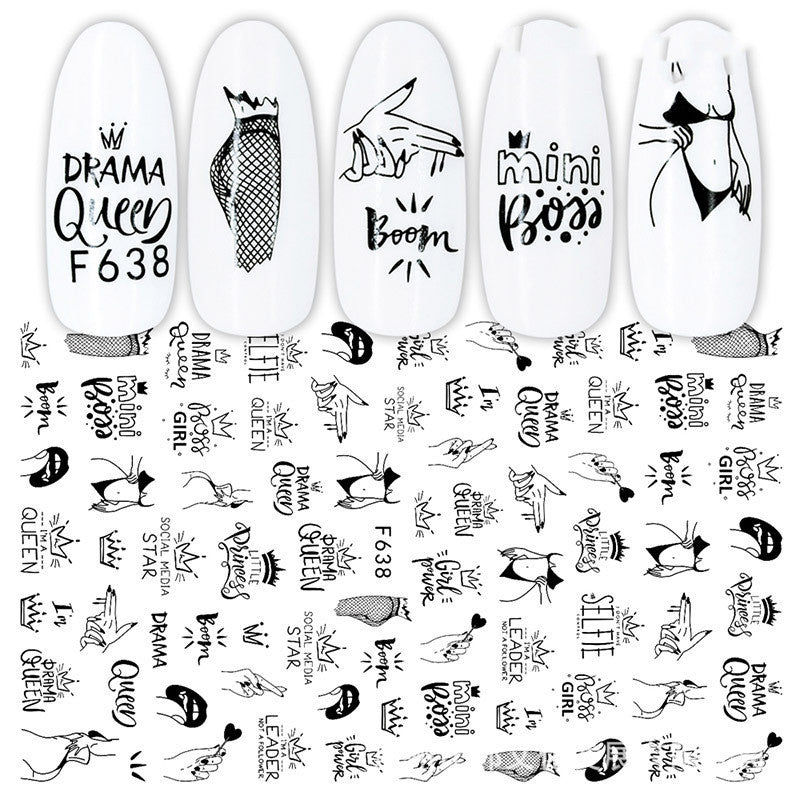Nagelsticker Set F634–F643 | Schwarz-Weiß Nail Art Aufkleber | Selbstklebend | 10 Designs | 36 Monate Haltbar
