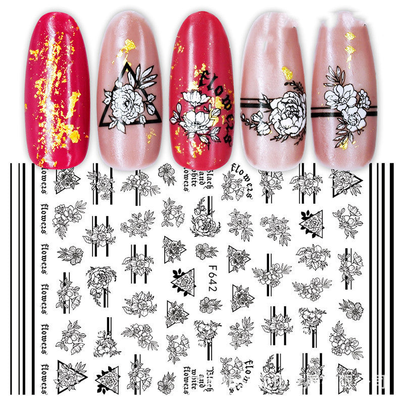 Nagelsticker Set F634–F643 | Schwarz-Weiß Nail Art Aufkleber | Selbstklebend | 10 Designs | 36 Monate Haltbar