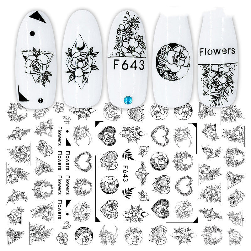 Nagelsticker Set F634–F643 | Schwarz-Weiß Nail Art Aufkleber | Selbstklebend | 10 Designs | 36 Monate Haltbar