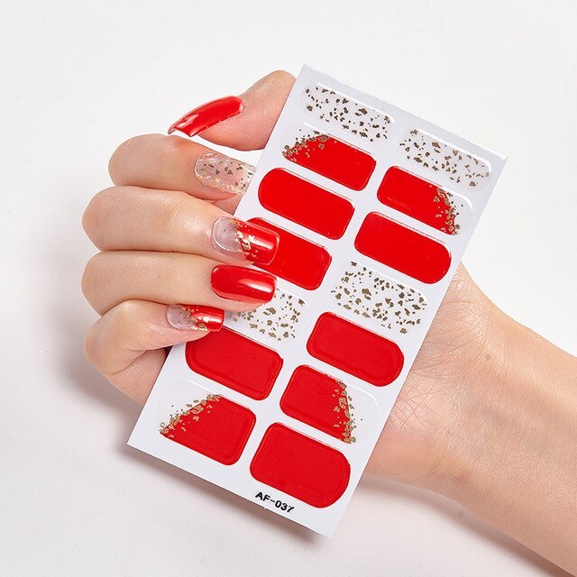 Selbstklebende Nagelsticker 14-teilig – Trendfarben Rot, Rosa & Bordeaux | Glänzende Nail Wraps