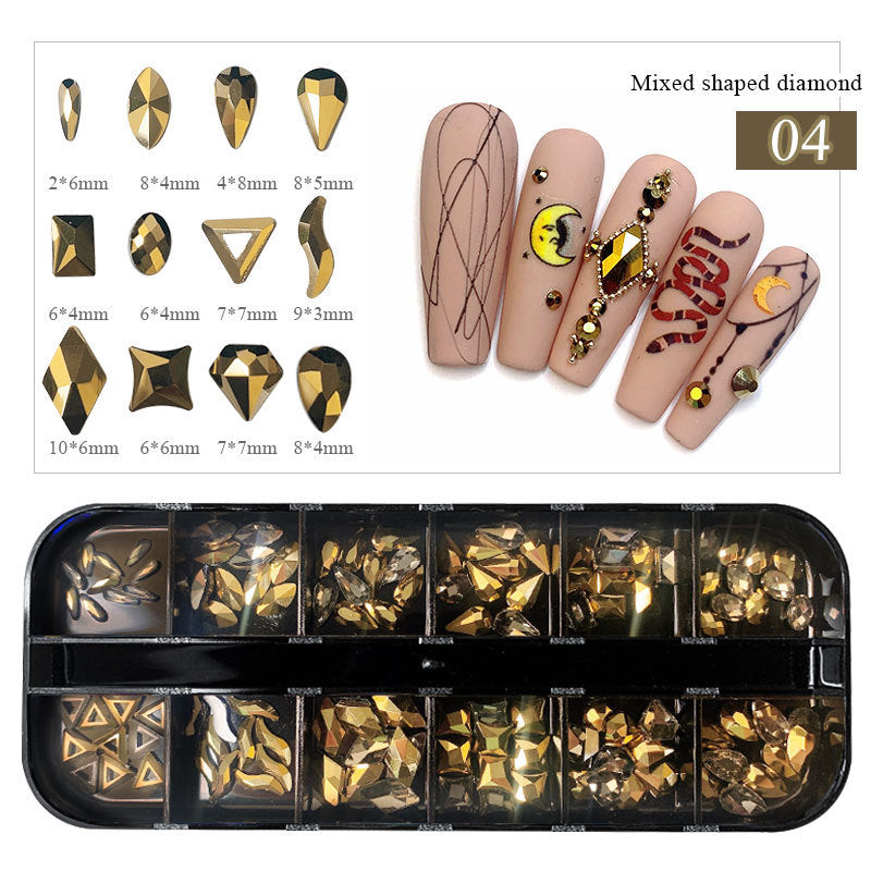 12-fach Acryl Nailart Strass-Set – Flachbodige Schmucksteine in Box – Glitzersteine für Nägel
