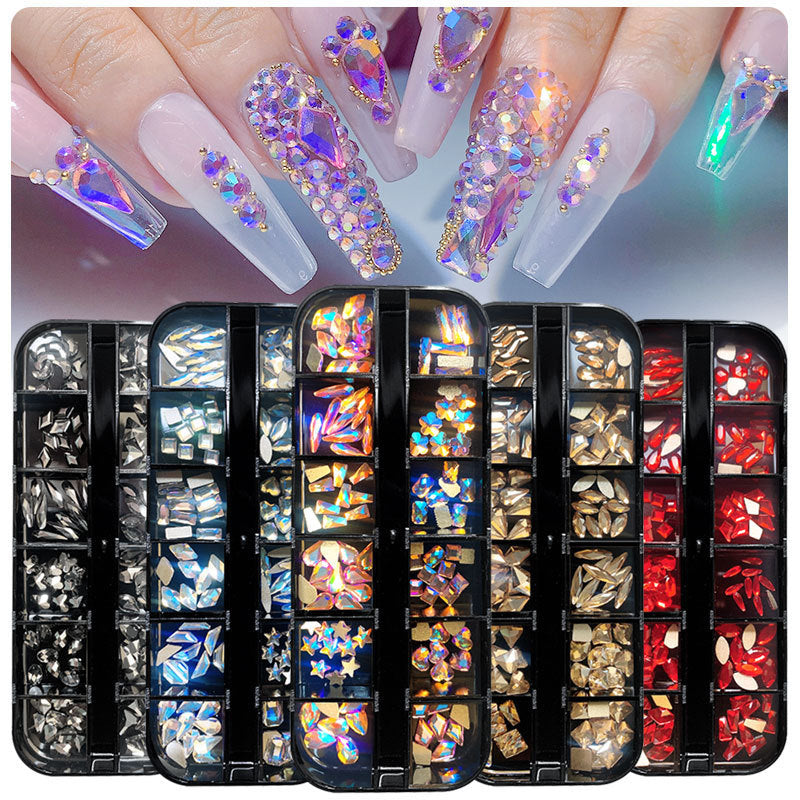 12-fach Acryl Nailart Strass-Set – Flachbodige Schmucksteine in Box – Glitzersteine für Nägel