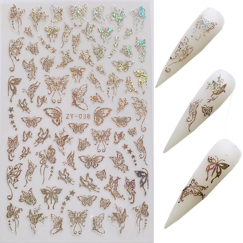Gold & Silber Schmetterling Nagelsticker – Holografisch | Laser Design | Selbstklebend | 24 Monate Haltbar