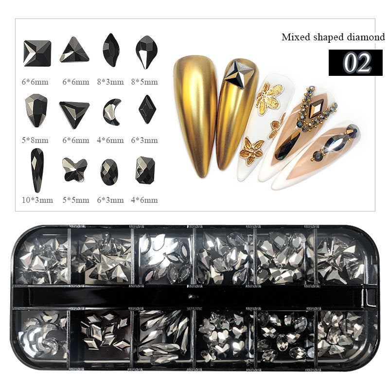 12-fach Acryl Nailart Strass-Set – Flachbodige Schmucksteine in Box – Glitzersteine für Nägel