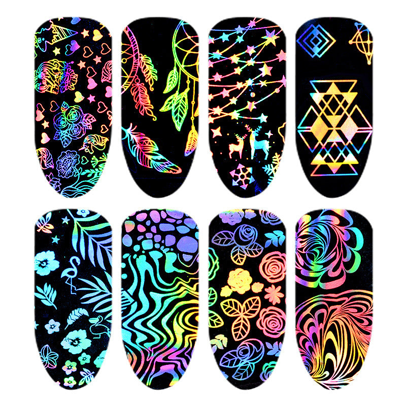 8-teiliges Set Laser Nail Art Folien – Schwarzes Sternenmuster | 4×20 cm | Holografisch