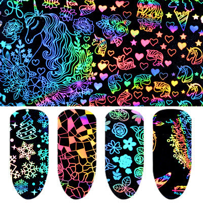 8-teiliges Set Laser Nail Art Folien – Schwarzes Sternenmuster | 4×20 cm | Holografisch