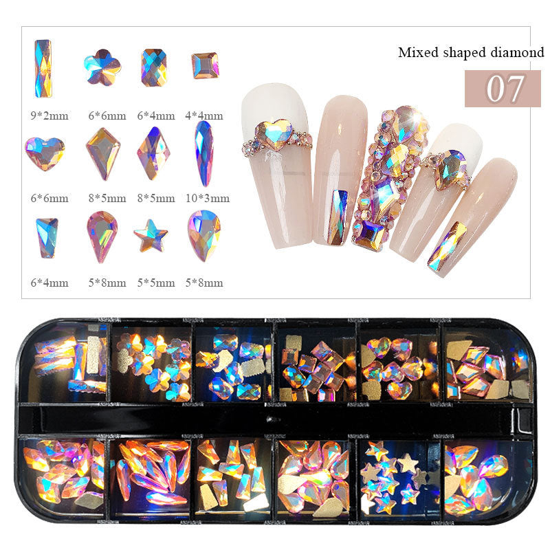12-fach Acryl Nailart Strass-Set – Flachbodige Schmucksteine in Box – Glitzersteine für Nägel