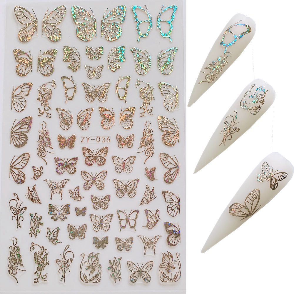 Gold & Silber Schmetterling Nagelsticker – Holografisch | Laser Design | Selbstklebend | 24 Monate Haltbar