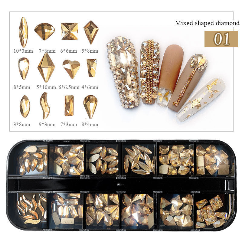 12-fach Acryl Nailart Strass-Set – Flachbodige Schmucksteine in Box – Glitzersteine für Nägel