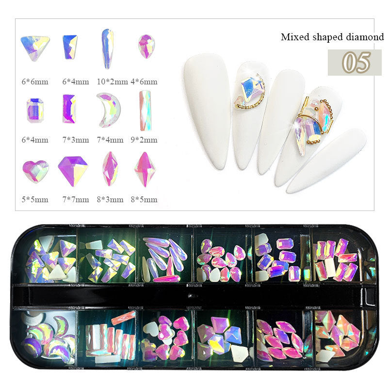 12-fach Acryl Nailart Strass-Set – Flachbodige Schmucksteine in Box – Glitzersteine für Nägel