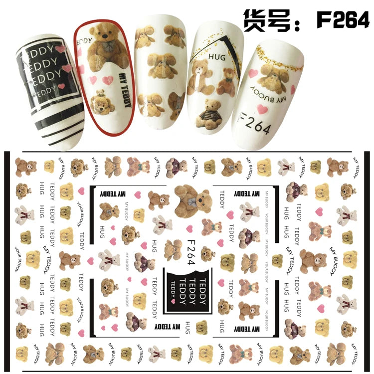 4er Set Nail Sticker – Süße Cartoon-Bären & Herzen für kreative Maniküre