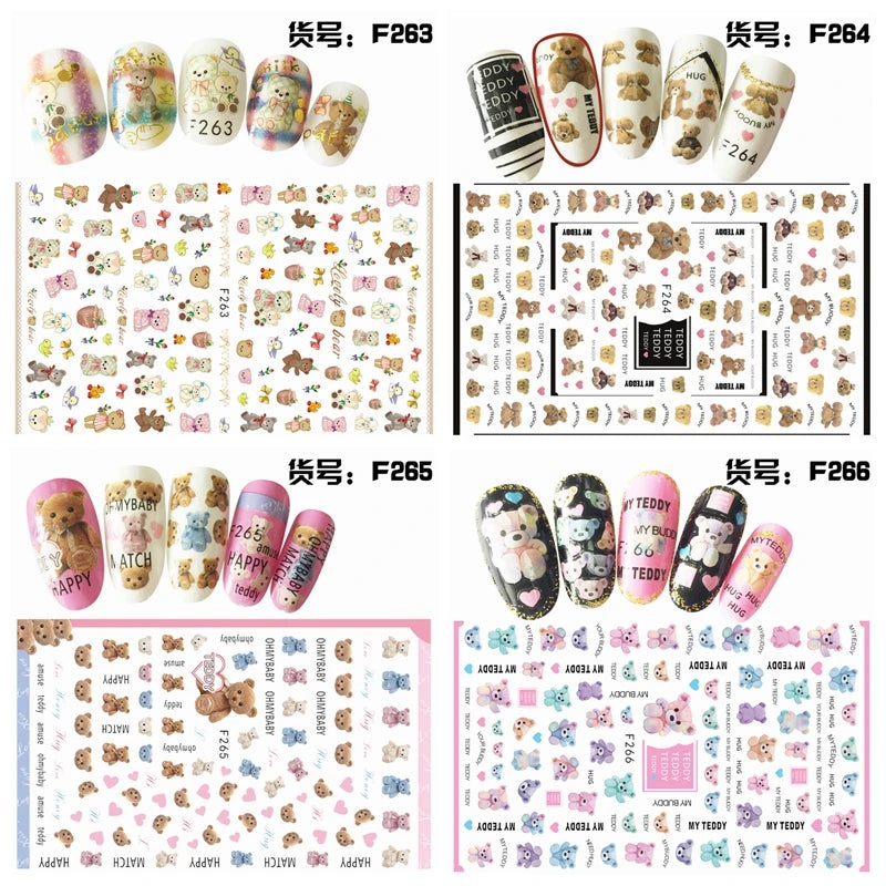 4er Set Nail Sticker – Süße Cartoon-Bären & Herzen für kreative Maniküre