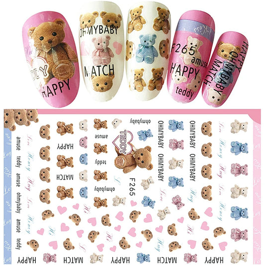 4er Set Nail Sticker – Süße Cartoon-Bären & Herzen für kreative Maniküre