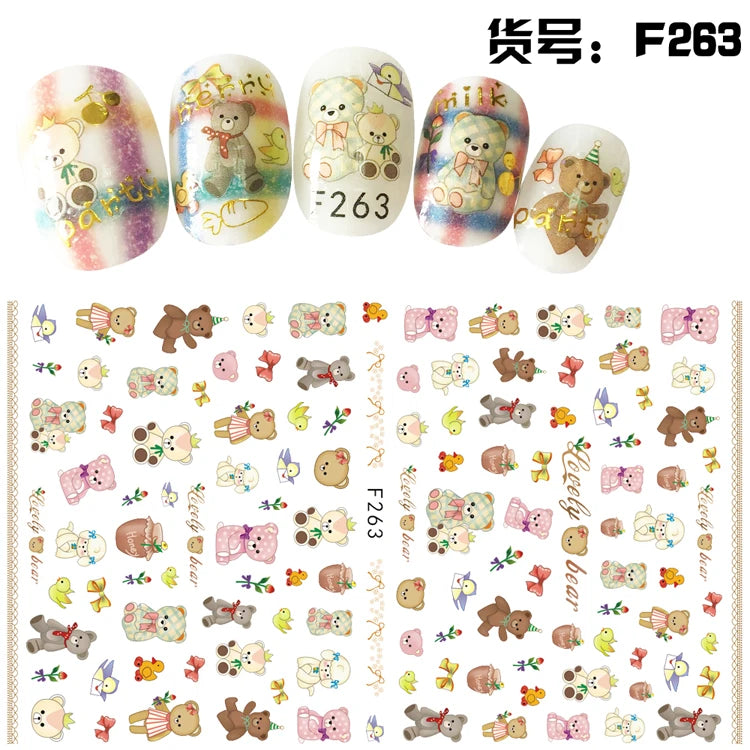 4er Set Nail Sticker – Süße Cartoon-Bären & Herzen für kreative Maniküre