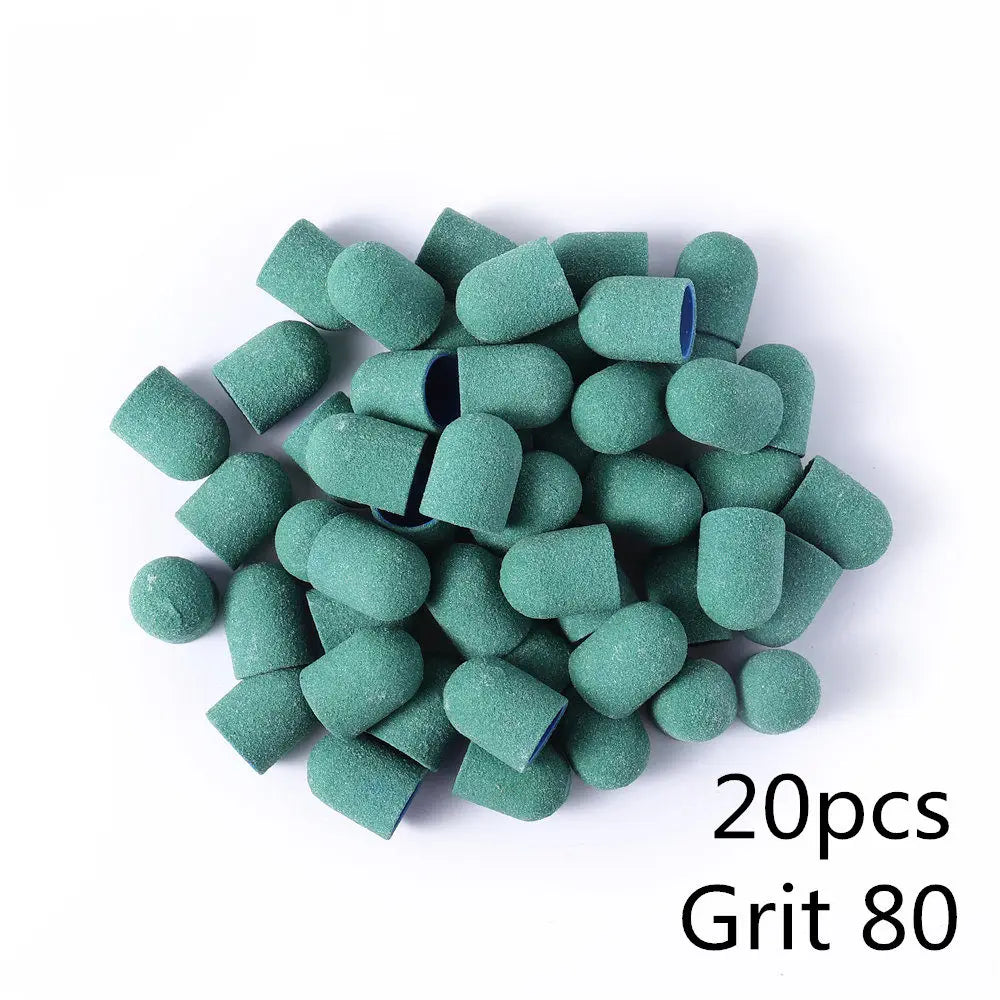 Schleifkappen 5/10/20 Stück – Verschiedene Farben & Grits (80/120/180) + Gummikopf für Nagelfräser