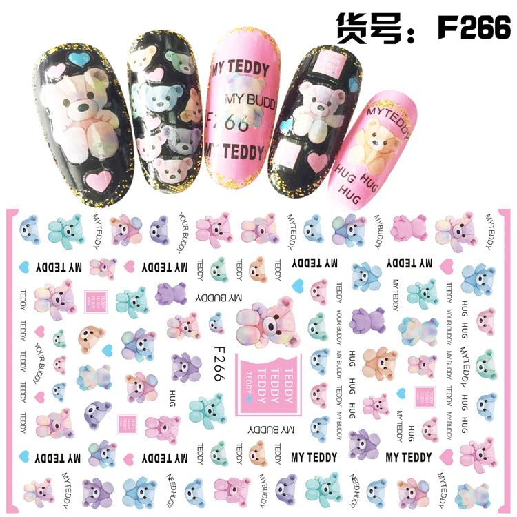 4er Set Nail Sticker – Süße Cartoon-Bären & Herzen für kreative Maniküre