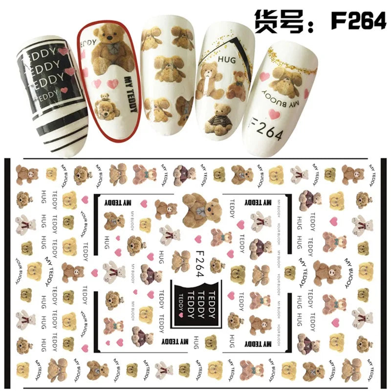 4er Set Nail Sticker – Süße Cartoon-Bären & Herzen für kreative Maniküre