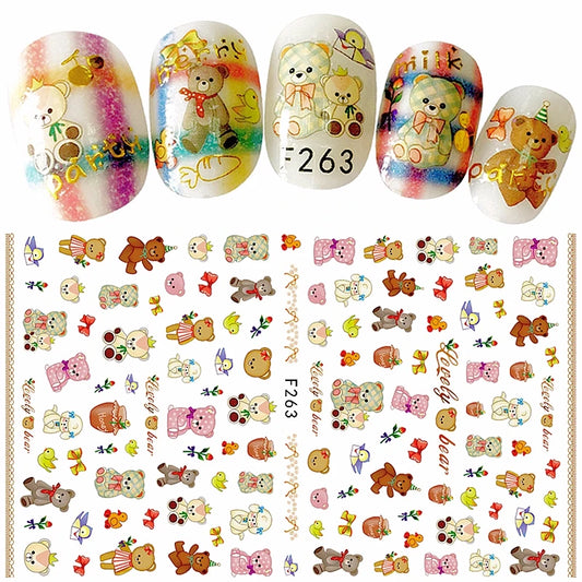 4er Set Nail Sticker – Süße Cartoon-Bären & Herzen für kreative Maniküre