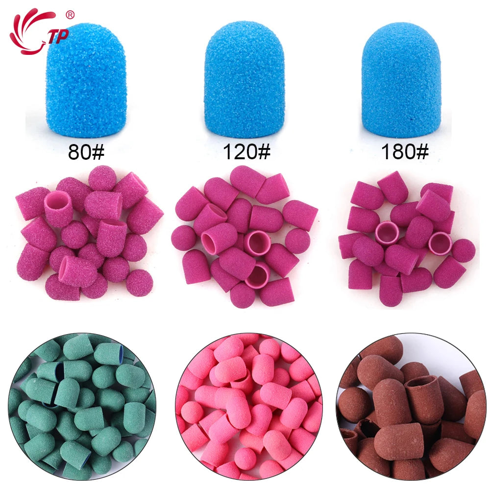 Schleifkappen 5/10/20 Stück – Verschiedene Farben & Grits (80/120/180) + Gummikopf für Nagelfräser